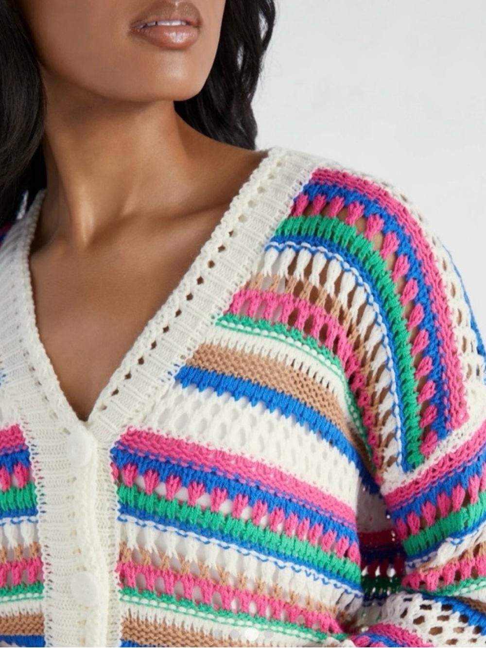 Vigoss Multicolor Striped Open-Knit V-Neck Cardigan - Picture 6 of 15